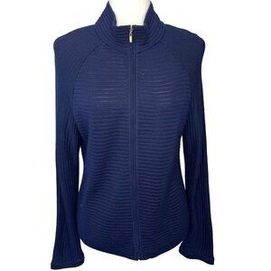 ST. John Cardigan Ribbed Zip Up Blue Size Small Ladies Wool Blend